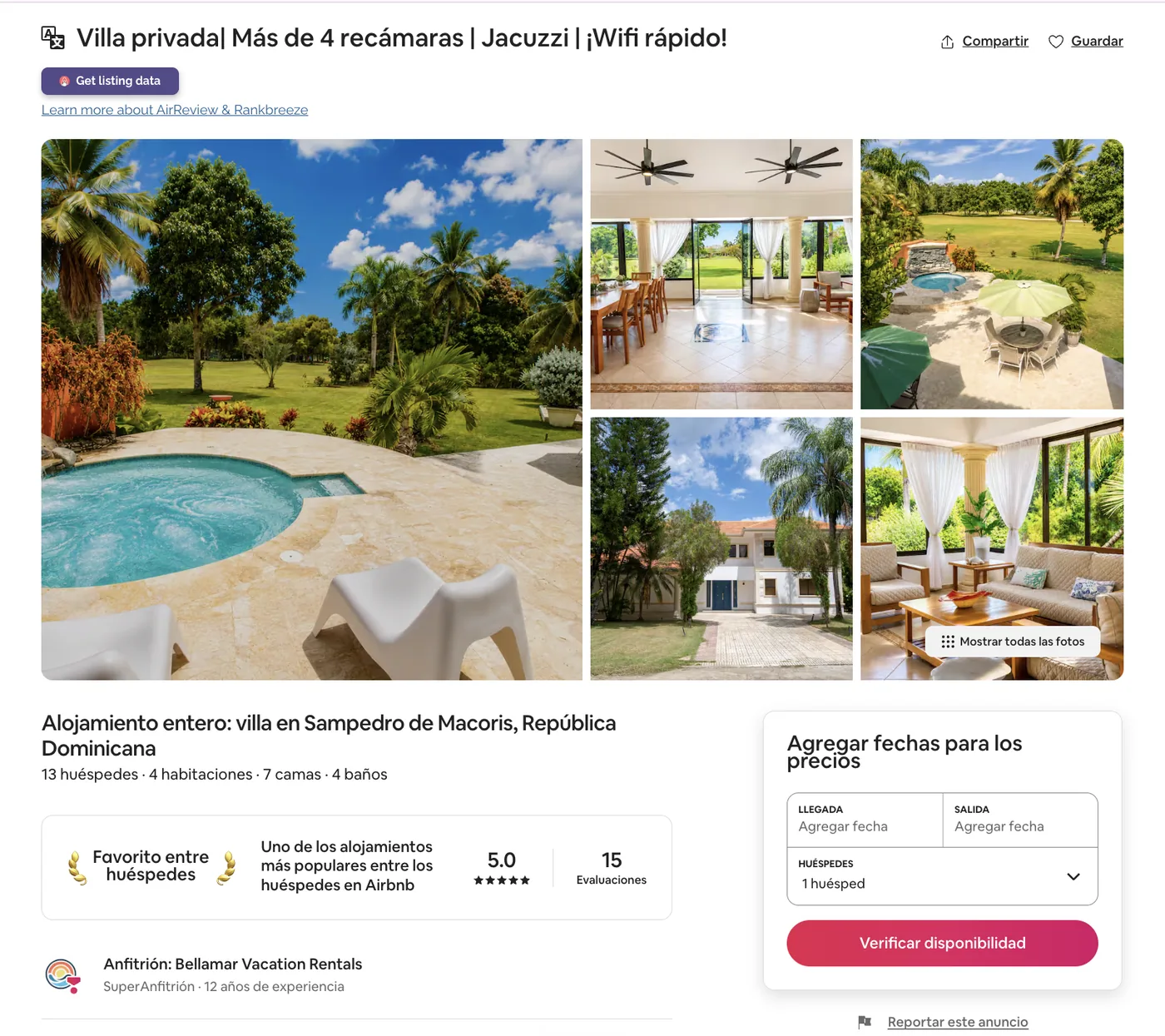 Listing real en Airbnb gestionado por Bellamar — Metro Country Club · Villa 4 hab · Jacuzzi