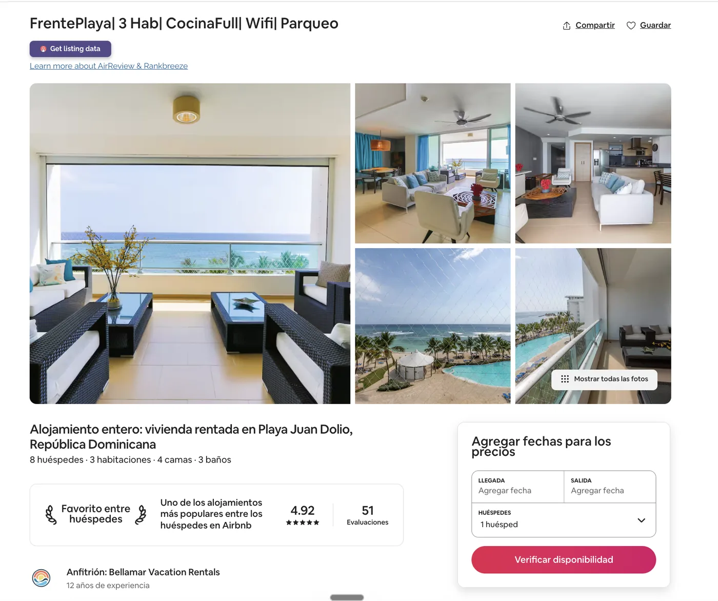 Listing real en Airbnb gestionado por Bellamar — Juan Dolio · Frente al mar · 3 hab