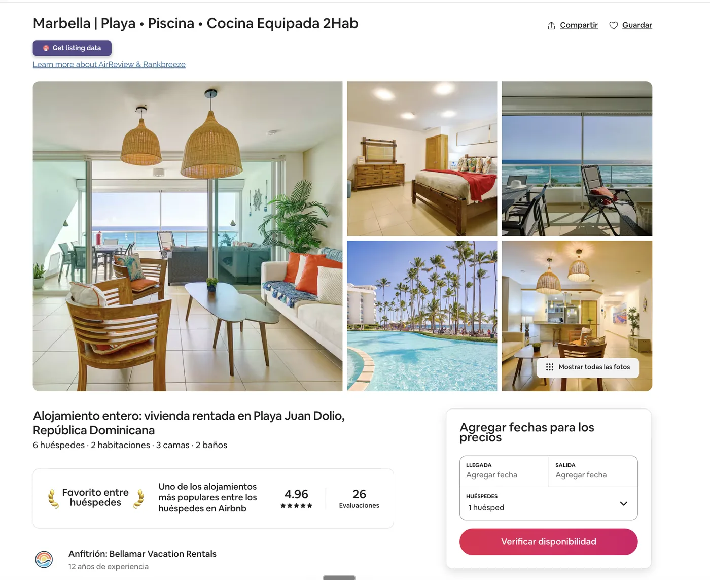 Listing real en Airbnb gestionado por Bellamar — Juan Dolio · Frente al mar · 2 hab